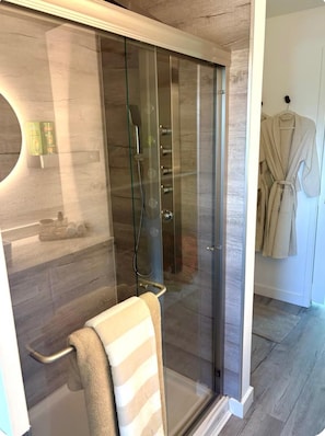 Shower, hair dryer, towels, soap