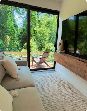TV, fireplace - Zen Container Tiny Home w/HUGE Yard, Fire Pit & Pet Friendly, FGCU, Restaurants (Fort Myers)