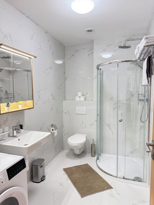 Shower, hair dryer, towels, soap
