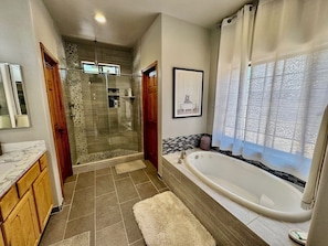 Shower, jetted tub, hair dryer, towels