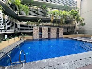 Outdoor pool, open 9:00 AM to 8:00 PM, sun loungers