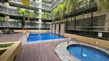 Outdoor pool, open 9:00 AM to 8:00 PM, sun loungers