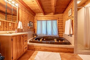 Shower, jetted tub, hair dryer, towels