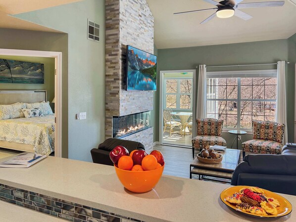 TV, fireplace, DVD player, offices