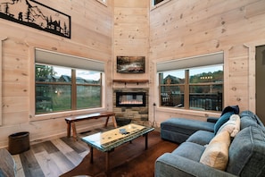 Smart TV, fireplace, books