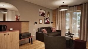 Ein modernes Wohnzimmer mit einer Couch, einem Couchtisch und einem kleinen Beistelltisch. Es gibt ein Holzschrank und eine Bank.