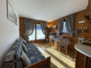 Living area - 300m from resort center, Ground floor, view ski slopes, terrace, parking, tv, ski locker, 22m² (Praz-sur-Arly)