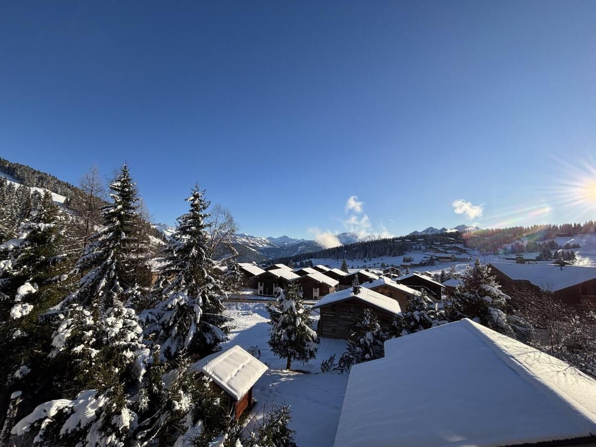 A snow-covered lodge with multiple cabins, surrounded by snow-laden trees and mountains in the background.