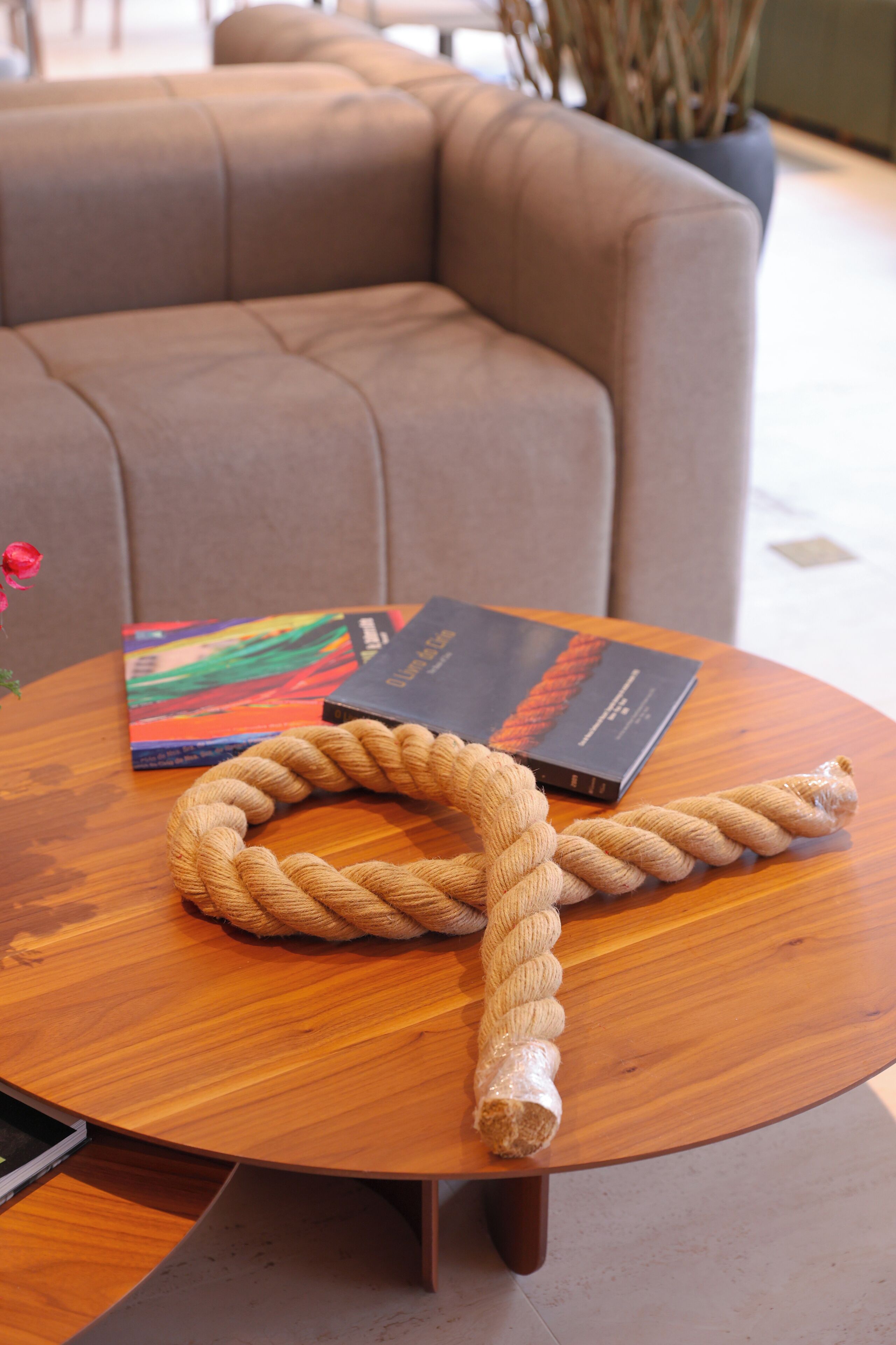 A round wooden table with a thick rope, a colorful book, and a dark-colored book.