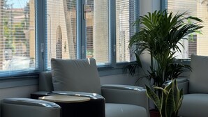 Un interior moderno con un sofá, una mesita y una planta en maceta junto a una ventana con persianas.