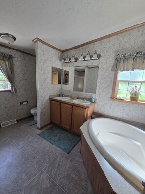 Shower, hair dryer, bidet, towels
