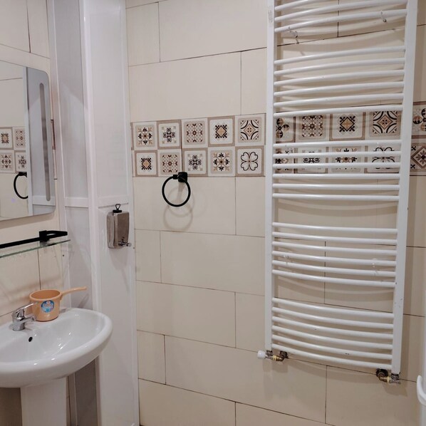 Regadera, secadora de cabello, toallas, jabón 