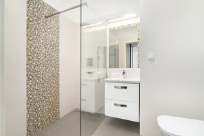 Regadera, secadora de cabello, toallas, shampoo 