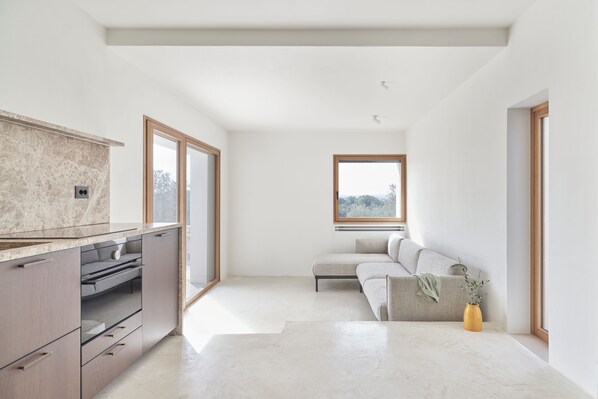 A modern kitchen with a marble countertop, built-in cabinets, and a large window.