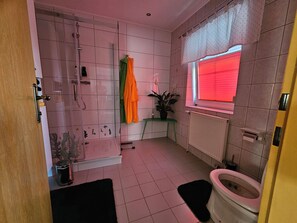 Ducha, secador de pelo, toallas, jabón