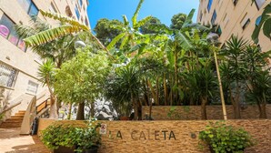 A courtyard with a stone wall labeled "LA CAETA," surrounded by lush tropical plants and a fountain.