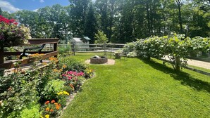 Ein gepflegter Garten mit Rasenfläche, einer Holzbank und einer Vielfalt bunter Blumen.