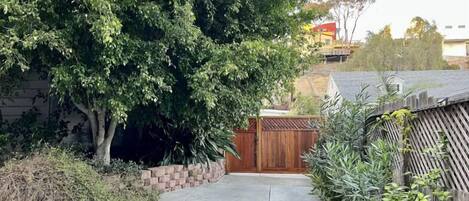 A residential driveway with a wooden gate, a tree, and a brick wall.