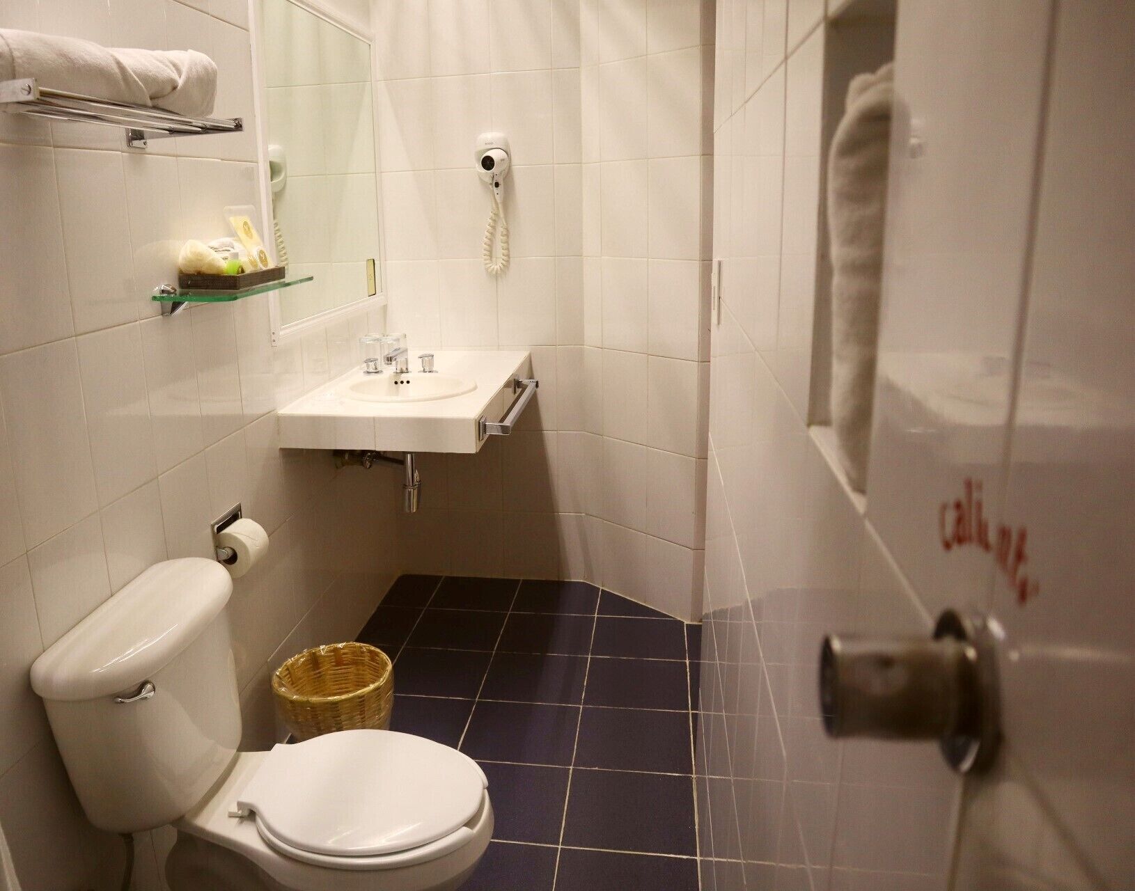 A small bathroom with a toilet, sink, and shower.