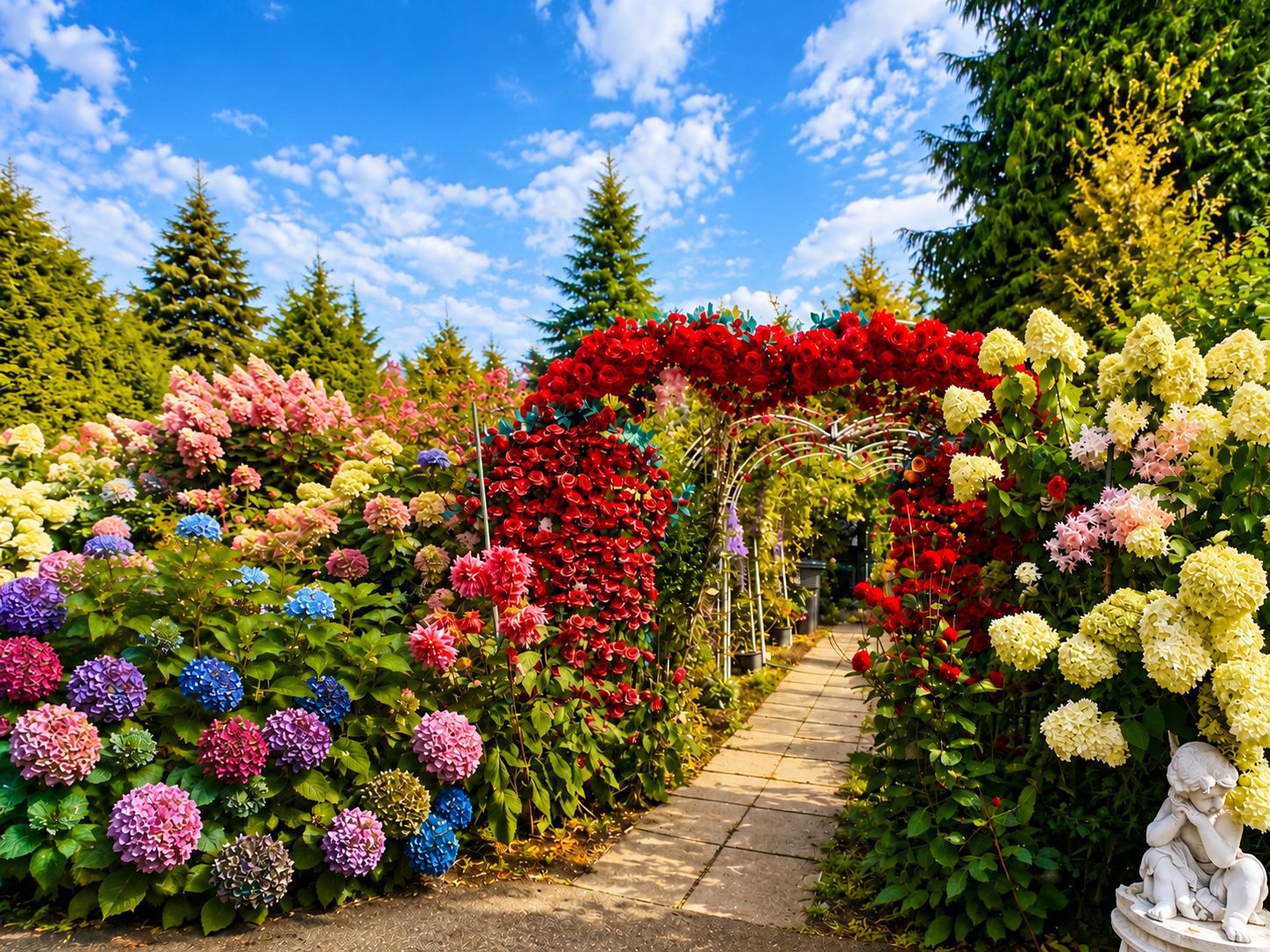 A garden pathway with a variety of colorful flowers and a statue.
