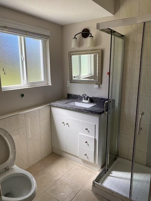 Hair dryer, towels, soap, toilet paper