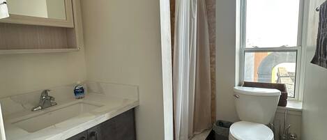 Un baño con lavabo, espejo, inodoro y cortina de ducha.