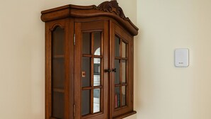 Un mueble de madera con puertas de vidrio junto a un interruptor de luz.