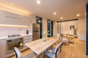 Fridge, microwave, oven, dishwasher