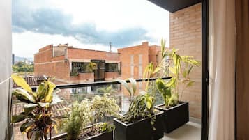 Varanda com vasos de plantas e vista para um prédio de tijolos.