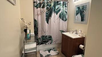 Hair dryer, towels, toilet paper