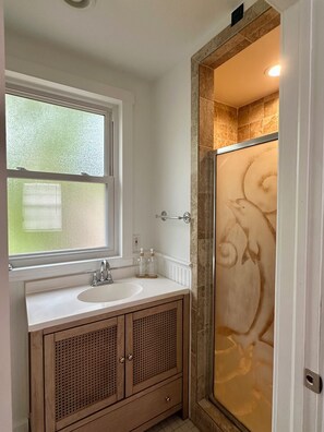 Shower, hair dryer, towels, soap