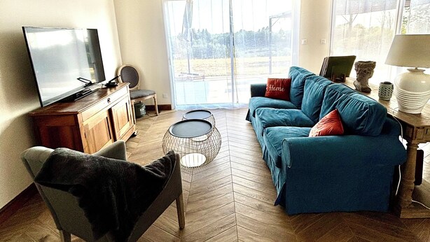 A living room with a sofa, a television, a chair, and a coffee table. - La vigne" house in the countryside near Sarlat with beautiful view! (Marcillac-Saint-Quentin)