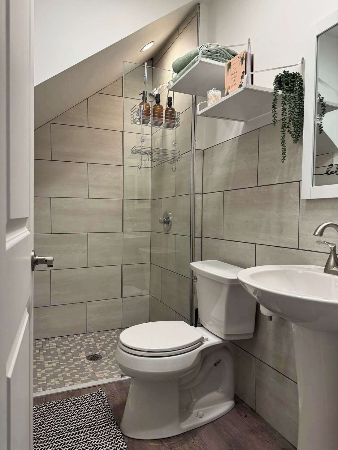 Shower, eco-friendly toiletries, hair dryer, towels