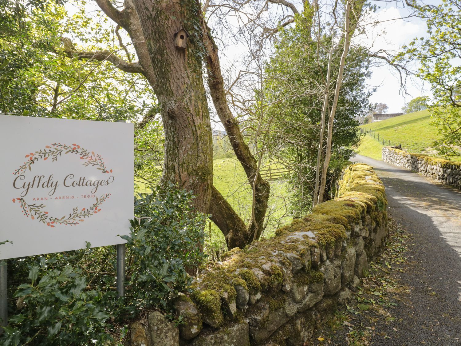 A sign for Cyffdy Cottages with a stone wall and greenery.
