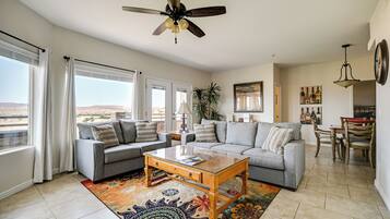 Télévision, cheminée, lecteur de DVD, livres