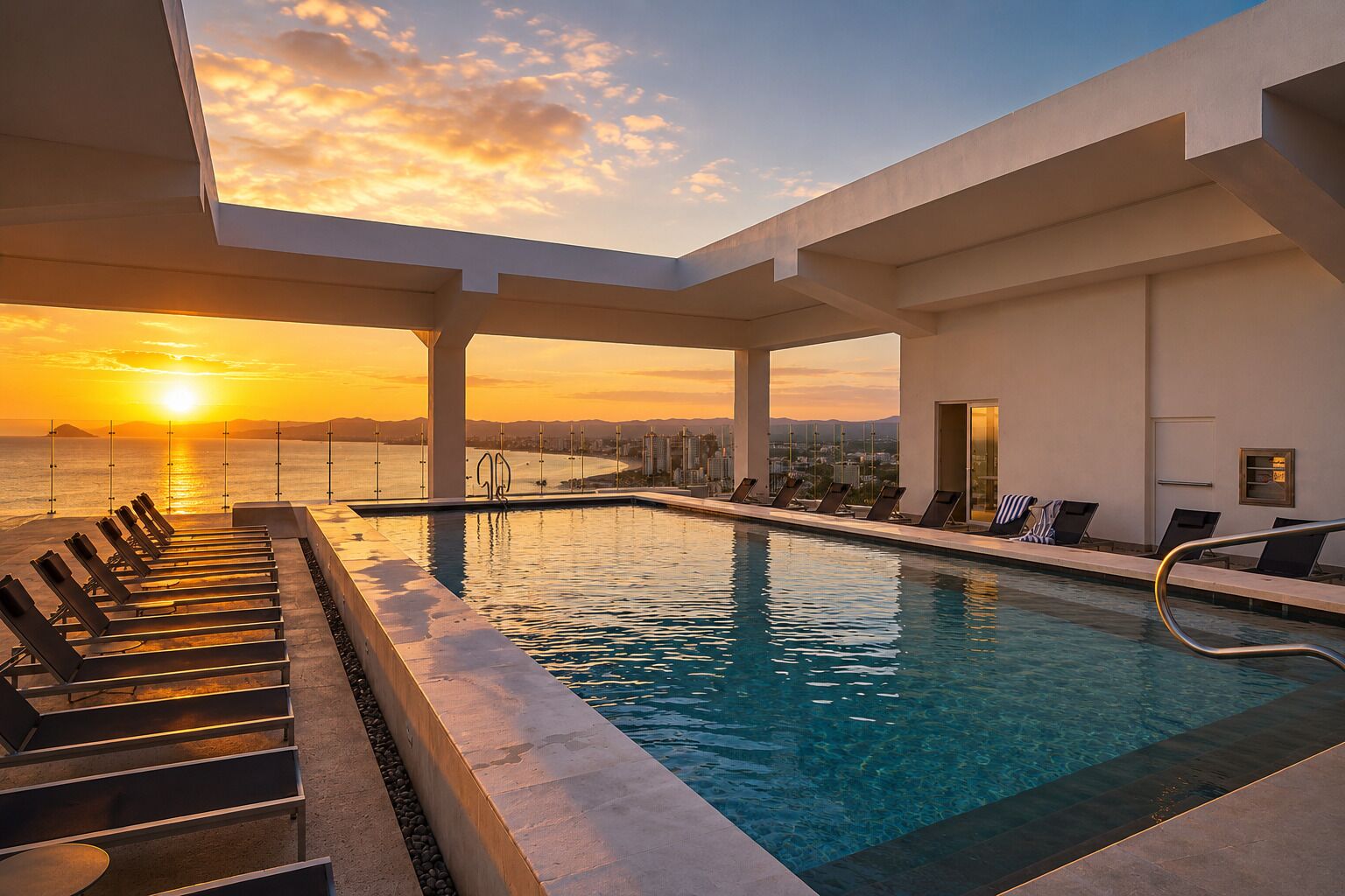 A pool area with sun loungers and a view of the sunset over the ocean.