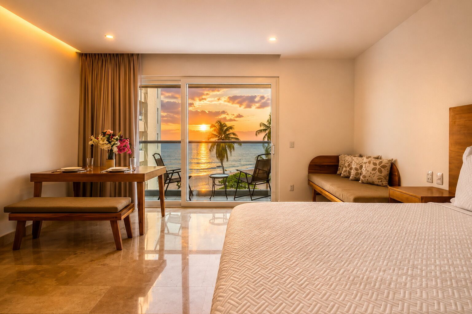 Habitació d'hotel amb llit, escriptori amb cadira, balcó i vistes a la posta de sol sobre l'oceà, i un sofà.