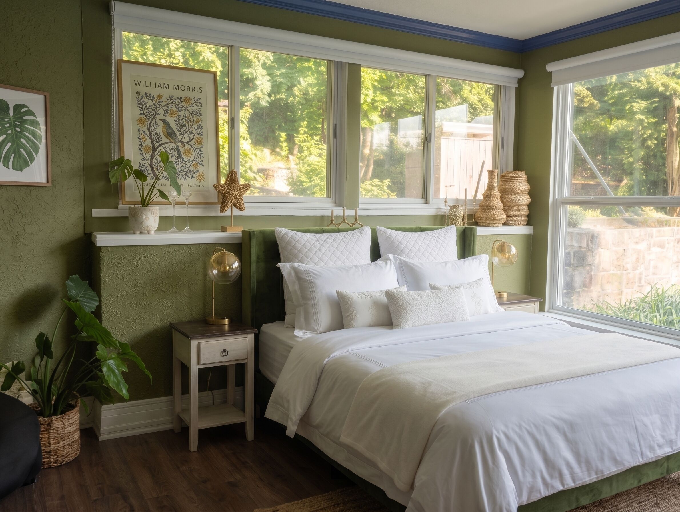 A bedroom with a large bed, a nightstand, a window with a view of greenery, and a framed artwork on the wall.