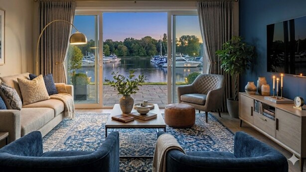 Un salon comprenant un canapé, un fauteuil et un pouf, une table basse, un buffet et une vue sur des bateaux sur un lac, visible à travers de grandes portes vitrées.