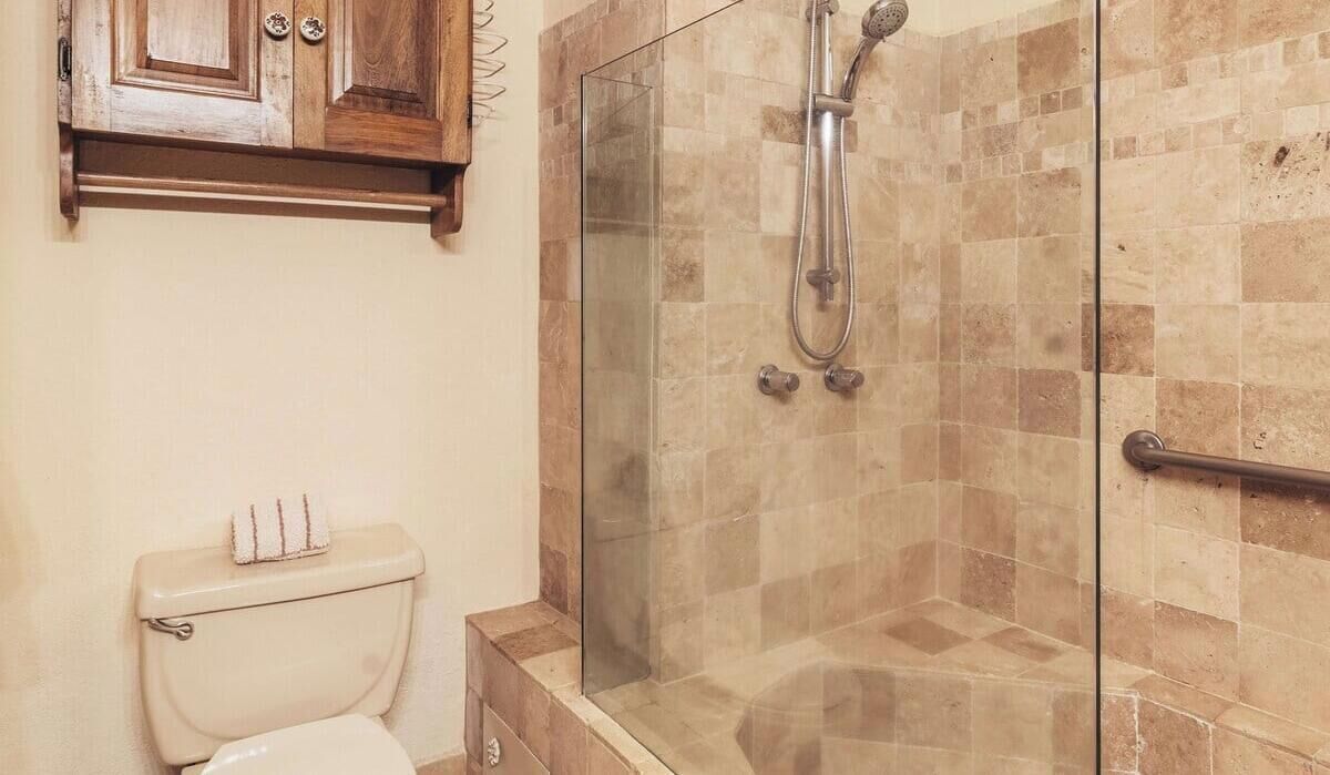 Une salle de bain avec une douche à parois de verre, des toilettes et des meubles en bois.