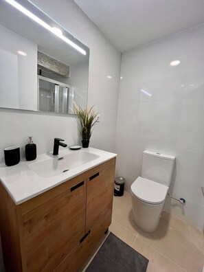 Hair dryer, bidet, towels, toilet paper