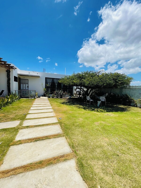 Una casa moderna con un camino de piedra que conduce a la entrada, rodeada de un césped cuidado y un gran árbol.