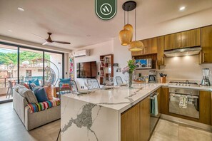 Fridge, microwave, oven, stovetop