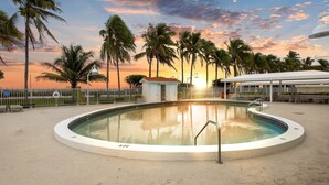 A circular pool with a white edge, surrounded by palm trees and a sunset in the background. - Charming 1-bedroom condo in the heart of  Miami Beach (Miami)