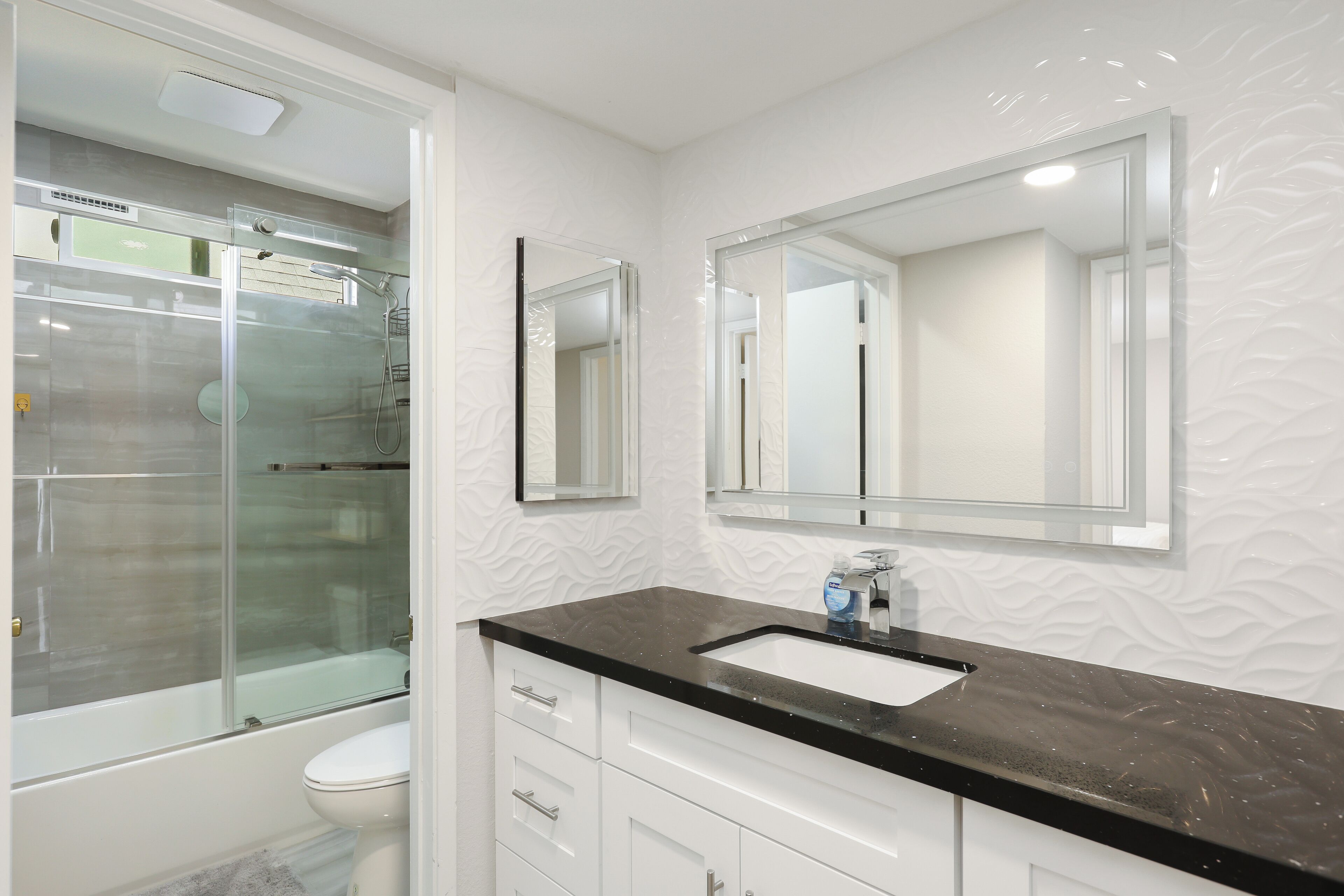 Hair dryer, towels, soap, toilet paper