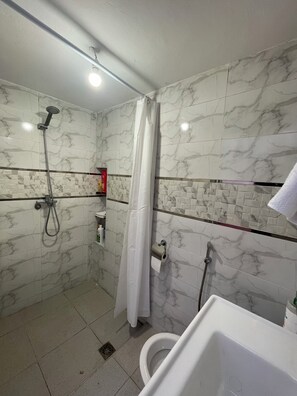 Serviettes fournies, savon, shampoing, papier toilette