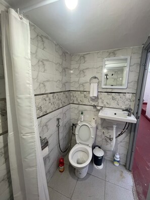 A bathroom with a toilet, sink, and shower.