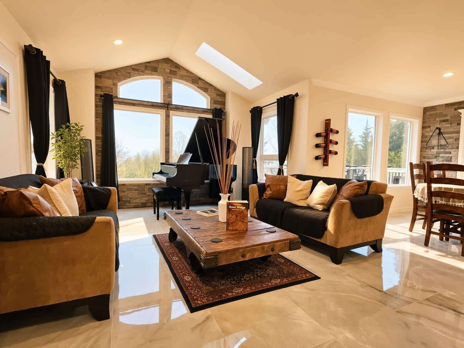 A spacious living room with a grand piano, a coffee table, and a sofa.