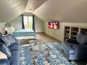 1 bedroom, desk, iron/ironing board, travel cot