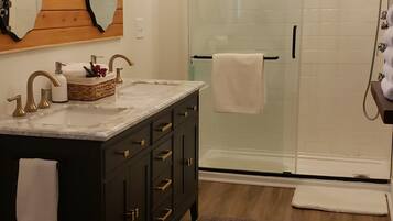 Hair dryer, towels, soap, toilet paper